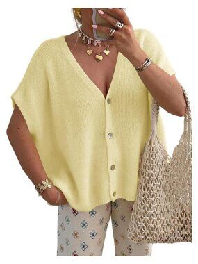 Women's Oversized Short Sleeve V-Neck Button Down Cardigan Sweater